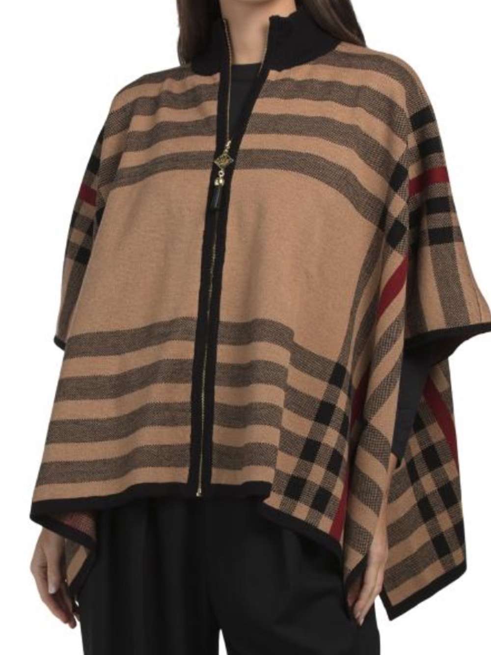 Anne Klein Plaid Zip-Front Cape Sweater - Camel/Black/Red